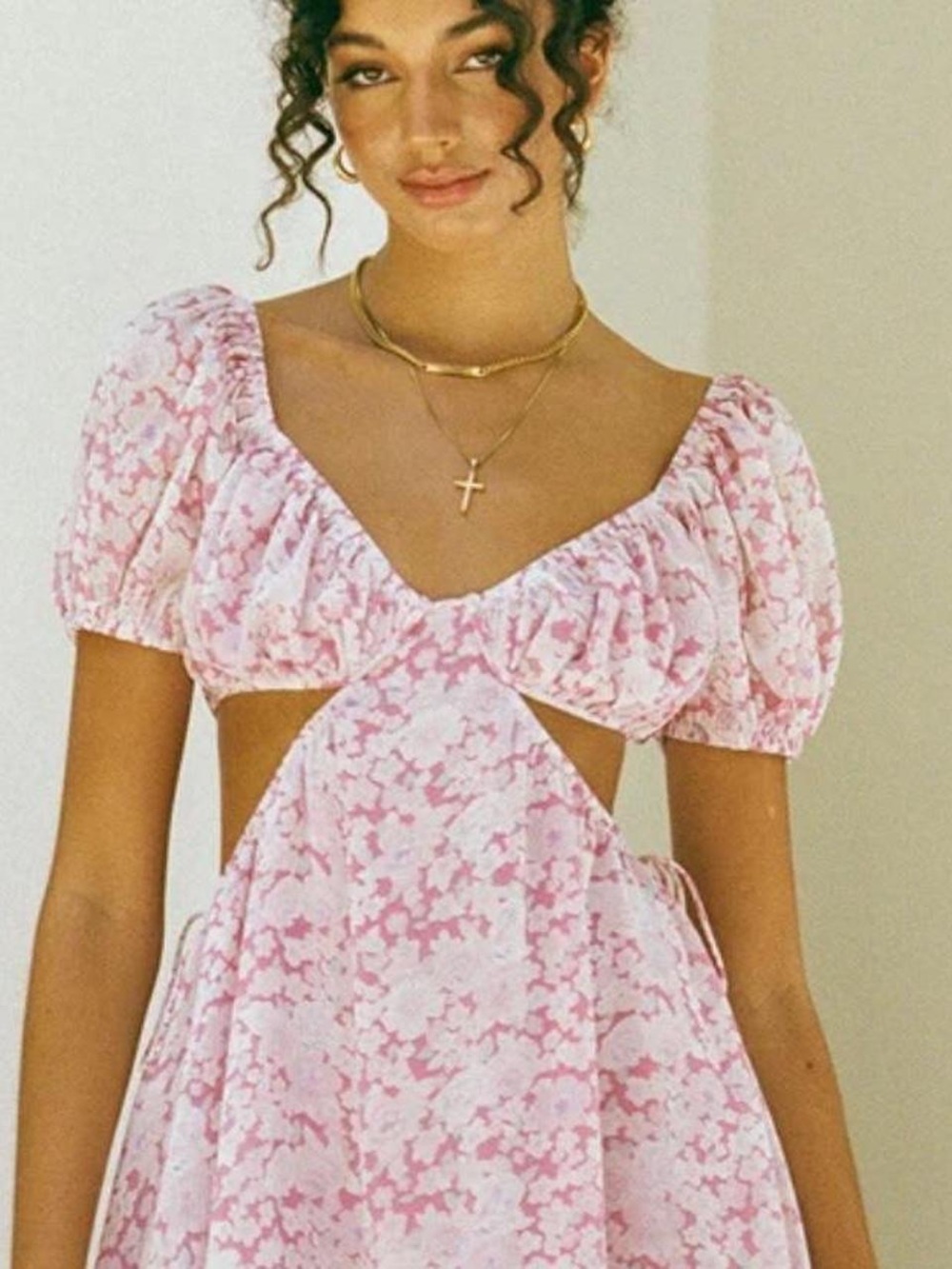 Sabo skirt Pink Floral Cutout Puff Sleeve Dress Size XS